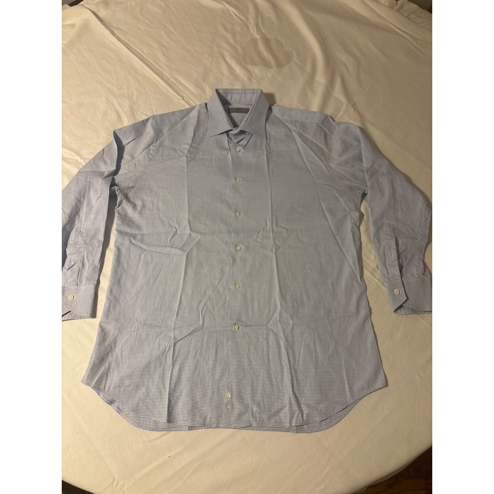 Canali Dress Shirt Mens 42 Light Blue Micro Check Made in Italy